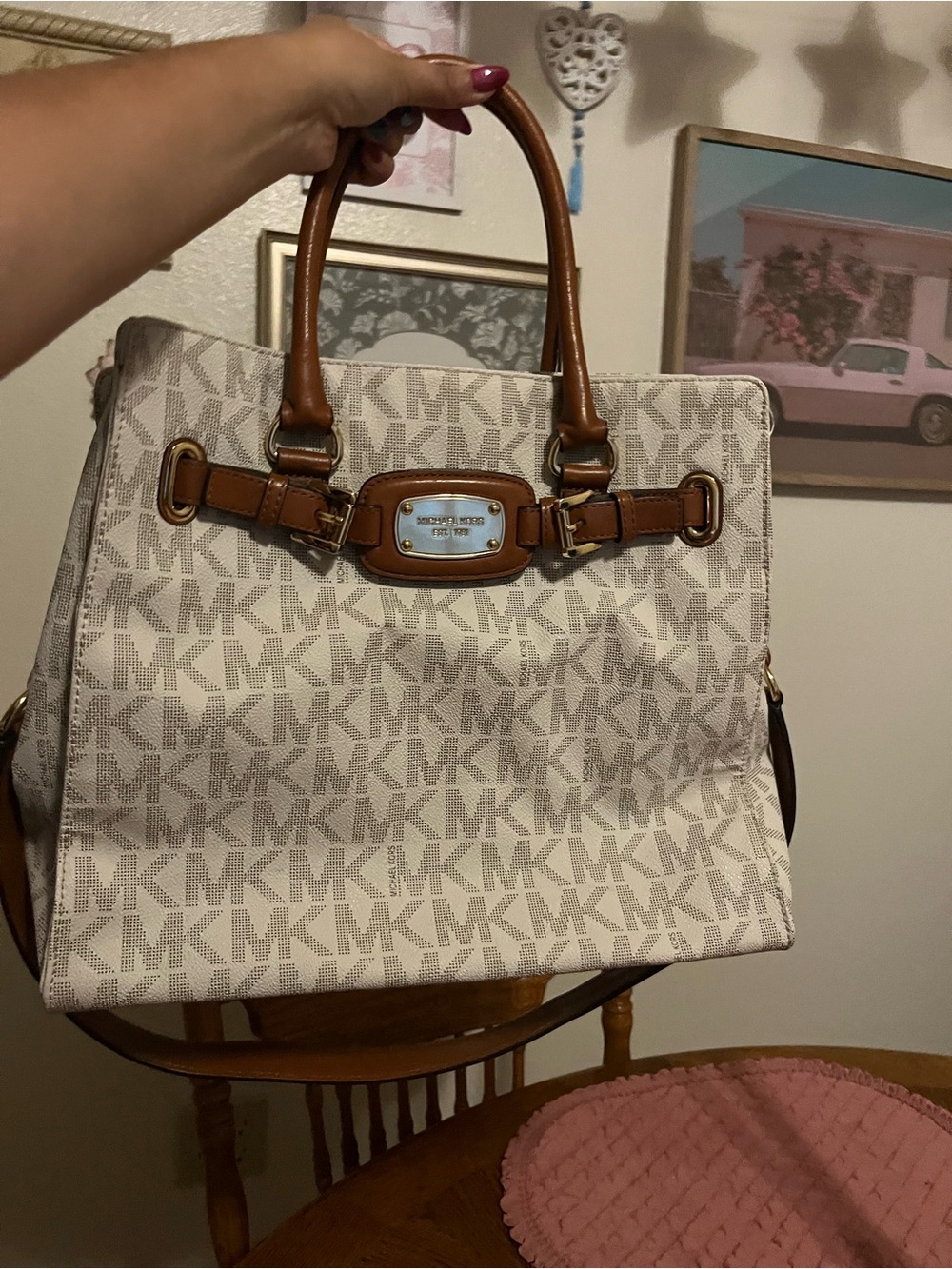 Michael Kors Beige Logo Satchel with Brown Leather Trim